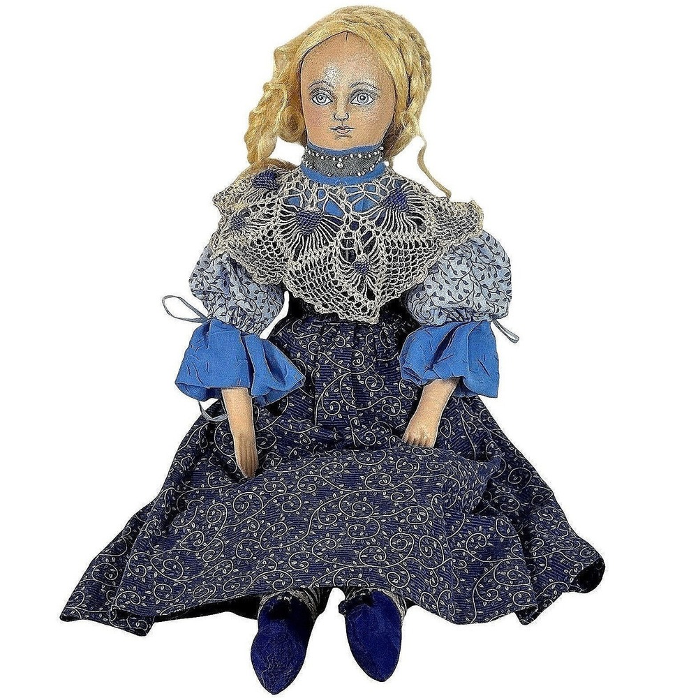 OOAK Czech Folk Art Cloth Doll 22.5" Handmade Signed Badruška Blue Dress
